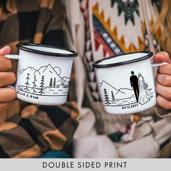 Personalised Wedding Gift For Bride Groom Mountain Wedding Mugs Anniversary Gift Camp Mug Enamel Mug Campfire // ONE Double Sided Mug