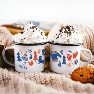 Personalized Winter Mug, Scandi Christmas Ski Gift, Custom Cozy Campfire Mug