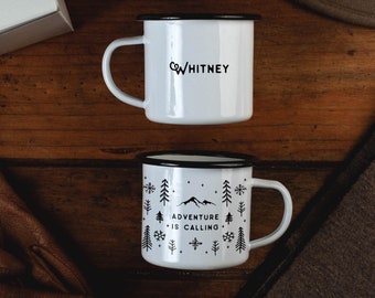 Christmas Gift For Her Hygge Custom Camping Mug 'Adventure Is Calling' Winter Christmas Mug Personalized Camp Mug Snowflake