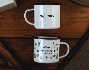 Personalized Winter Mug 'Adventure Is Calling' Winter Christmas Gift, Hygge Custom Snowflake Camping Mug