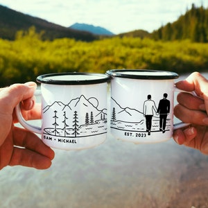 Gay Wedding Gifts Unique Wedding Engagement Gifts Anniversary Gift Camp Cup Enamel Mug - Groom and Groom // ONE Double Sided Mug