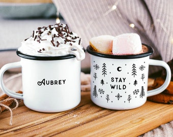 Christmas Gifts For Her Enamel Camp Mug Hygge Winter Mug Snowflakes Girlfriend Gift Campfire Mug Stay Wild Woodland Forest Mug Christmas Mug