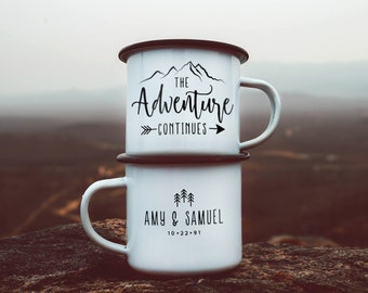 Anniversary Gift Adventure Continues Anniversary Mugs Camp Mugs Couples Mugs Mountain Wedding Mugs Personalized