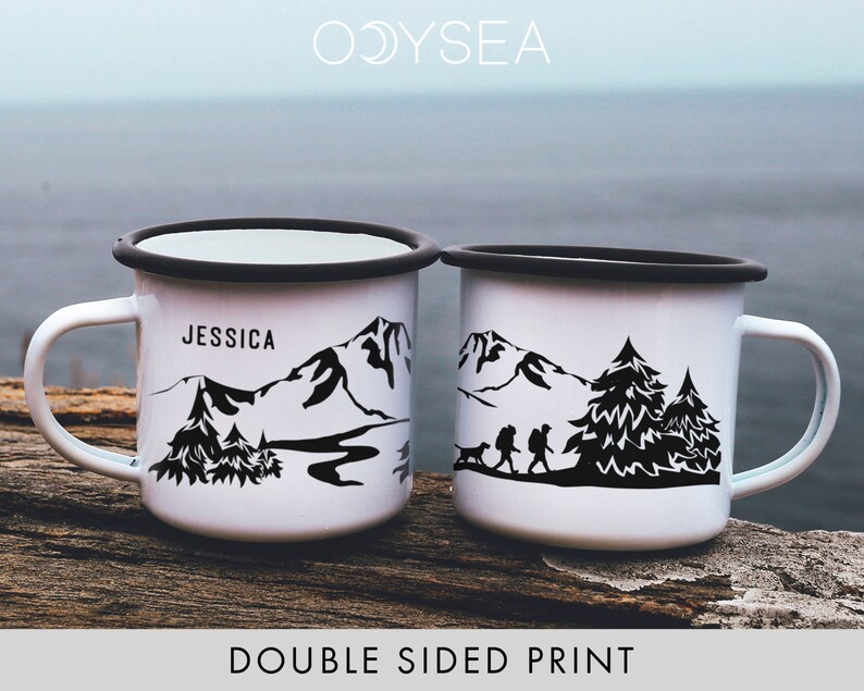 Personalized Gift Boyfriend Elopement Gift Camping Gift Campfire Mug Hiking Gift Custom Mug Hikers With Dog // ONE Double Sided Mug image 3