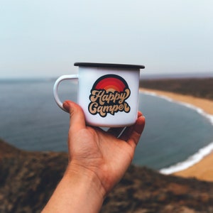Happy Camper Camp Mug Camping Mug Enamel Mug Campfire Mug Retro 70s Camp Mug