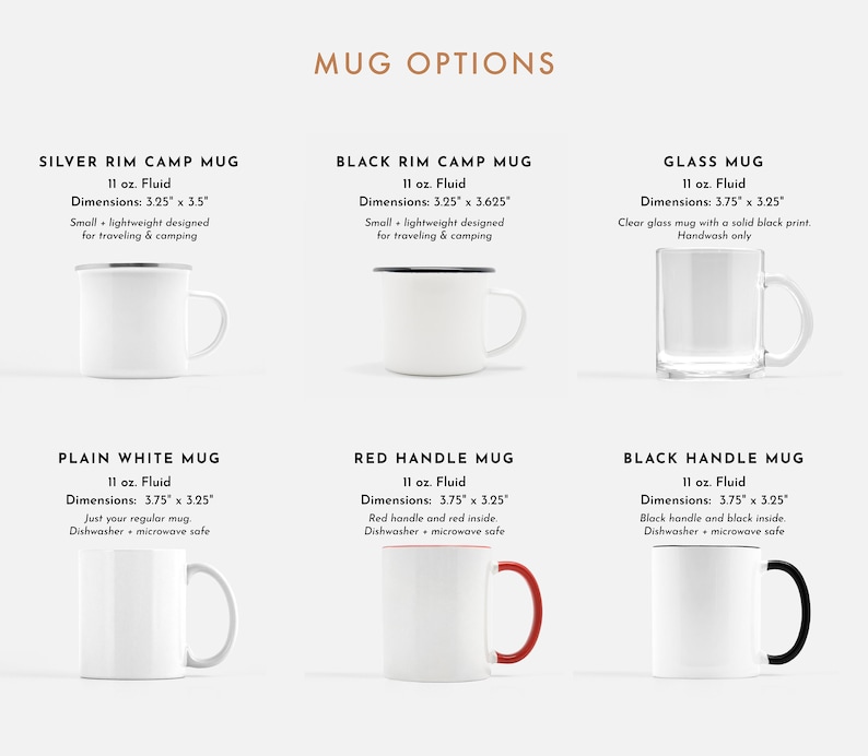 Puede incluir: Una comparaci&oacute;n de diferentes estilos de tazas, incluyendo una taza de campamento con borde plateado, una taza de campamento con borde negro, una taza de vidrio, una taza blanca lisa, una taza con asa roja y una taza con asa negra. Cada taza tiene una capacidad de 11 onzas y diferentes dimensiones.