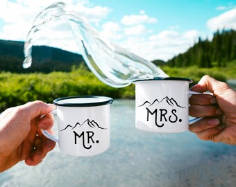 Mr Mrs Camp Mug Mr and Mrs Mugs Camping Mug Enamel Mug Newlywed Gift Mountains Engagement Gift Campfire Mug Mrs Mug Wedding Gift