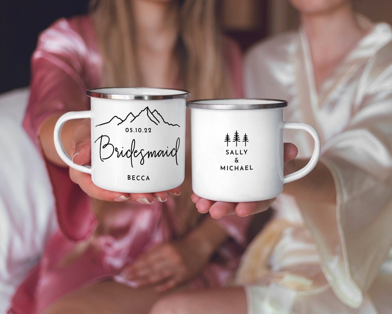 Personalized Bridesmaid Mug Bridesmaid Gift Maid of Honor Mug Mountain Wedding Trees Bridal Party Campfire Mug Bride Mug image 2