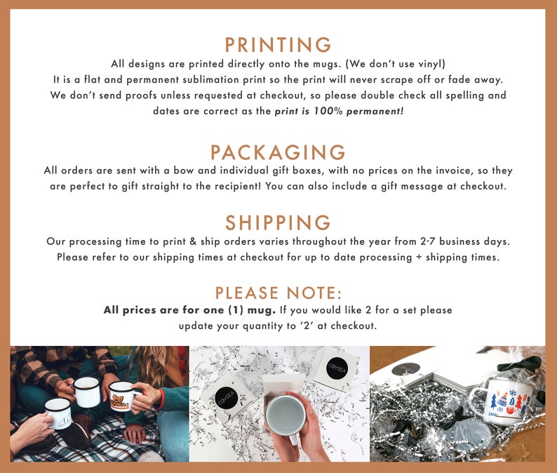 May include: White ceramic mugs with various designs, including a Christmas tree, a snowman, and a winter scene. The mugs are displayed on a white background with a silver and white shredded paper filling the box. The text on the image reads "PRINTING", "PACKAGING", "SHIPPING", and "PLEASE NOTE: All prices are for one (1) mug. If you would like 2 for a set please update your quantity to '2' at checkout."