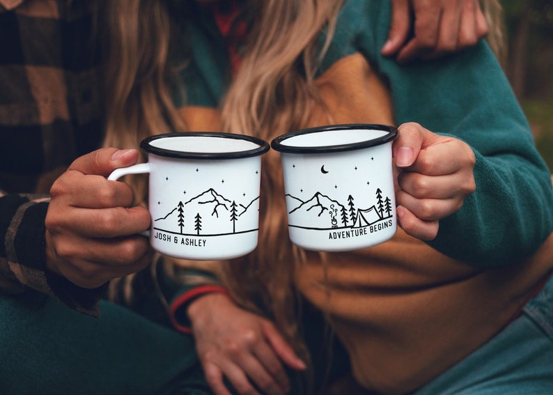 Personalized Camp Mug Campfire Mug Forest Mug Camping Gift Mountain Mug Tent // ONE Double Sided Mug image 1