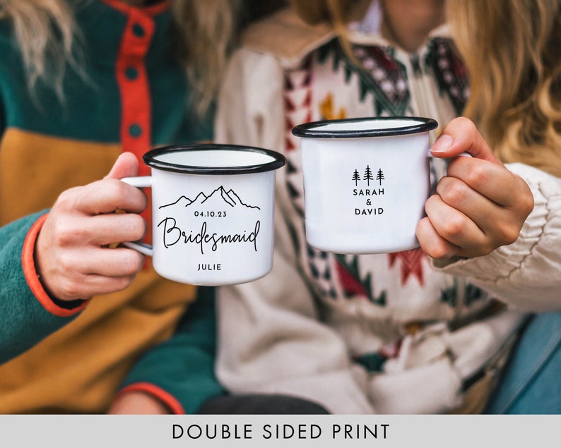 Personalized Bridesmaid Mug Bridesmaid Gift Maid of Honor Mug Mountain Wedding Trees Bridal Party Campfire Mug Bride Mug image 1