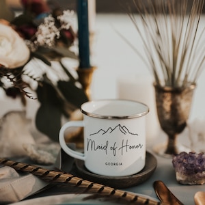 Personalized Bridesmaid Mug Bridesmaid Gift Maid of Honor Mug Mountain Wedding Trees Bridal Party Campfire Mug Bride Mug image 10