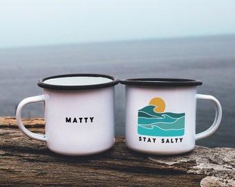 Personalized Surf Gift 'Stay Salty' Surfer Gift Enamel Mug