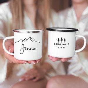 Bridesmaid Mugs Personalized Bridesmaid Gift Mountain Wedding Maid Of Honor Mugs Camp Bachelorette // ONE Mug Black rim camp mug