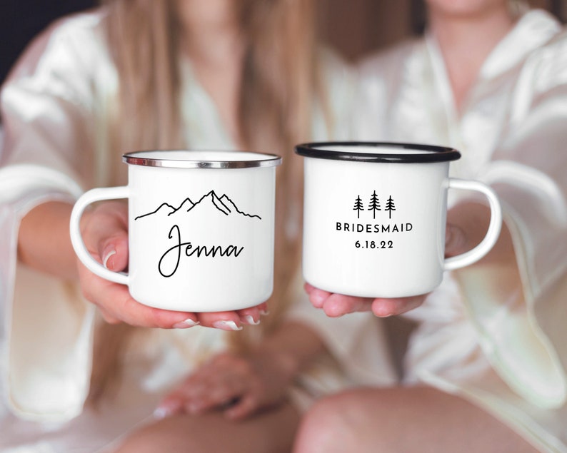 Bridesmaid Mugs Personalized Bridesmaid Gift Mountain Wedding Maid Of Honor Mugs Camp Bachelorette // ONE Mug Black rim camp mug