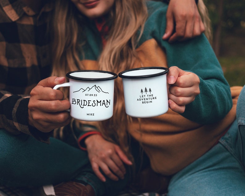 Personalized Bridesmaid Mug Bridesmaid Gift Maid of Honor Mug Mountain Wedding Trees Bridal Party Campfire Mug Bride Mug image 4