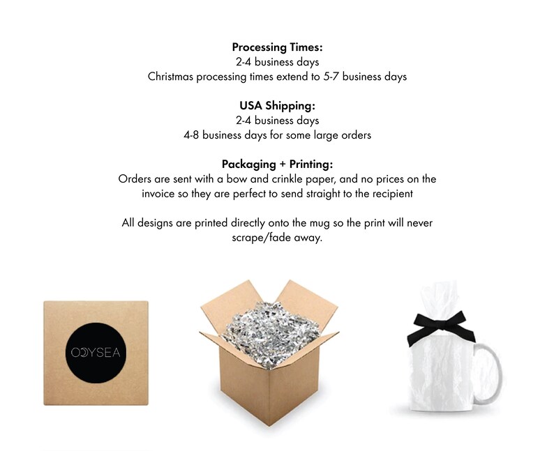 May include: A brown cardboard box with the word "ODYSEA" printed in black. The box is filled with white crinkle paper. A white mug with a black ribbon is shown next to the box.
