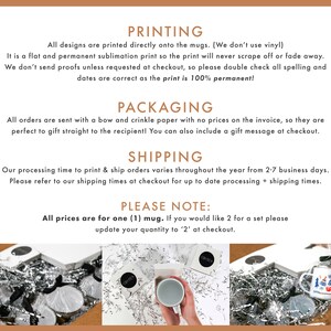 May include: A white ceramic mug with a silver rim and a black and white design of a Christmas tree with ornaments. The mug is sitting on a bed of silver crinkle paper inside a white box with a black ribbon. The text "PRINTING", "PACKAGING", "SHIPPING", and "PLEASE NOTE" is visible in the image. The text "All prices are for one (1) mug. If you would like 2 for a set please update your quantity to '2' at checkout." is also visible in the image.