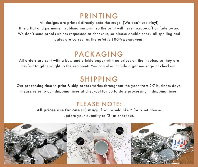 May include: A white ceramic mug with a silver rim and a black and white design of a Christmas tree with ornaments. The mug is sitting on a bed of silver crinkle paper inside a white box with a black ribbon. The text "PRINTING", "PACKAGING", "SHIPPING", and "PLEASE NOTE" is visible in the image. The text "All prices are for one (1) mug. If you would like 2 for a set please update your quantity to '2' at checkout." is also visible in the image.