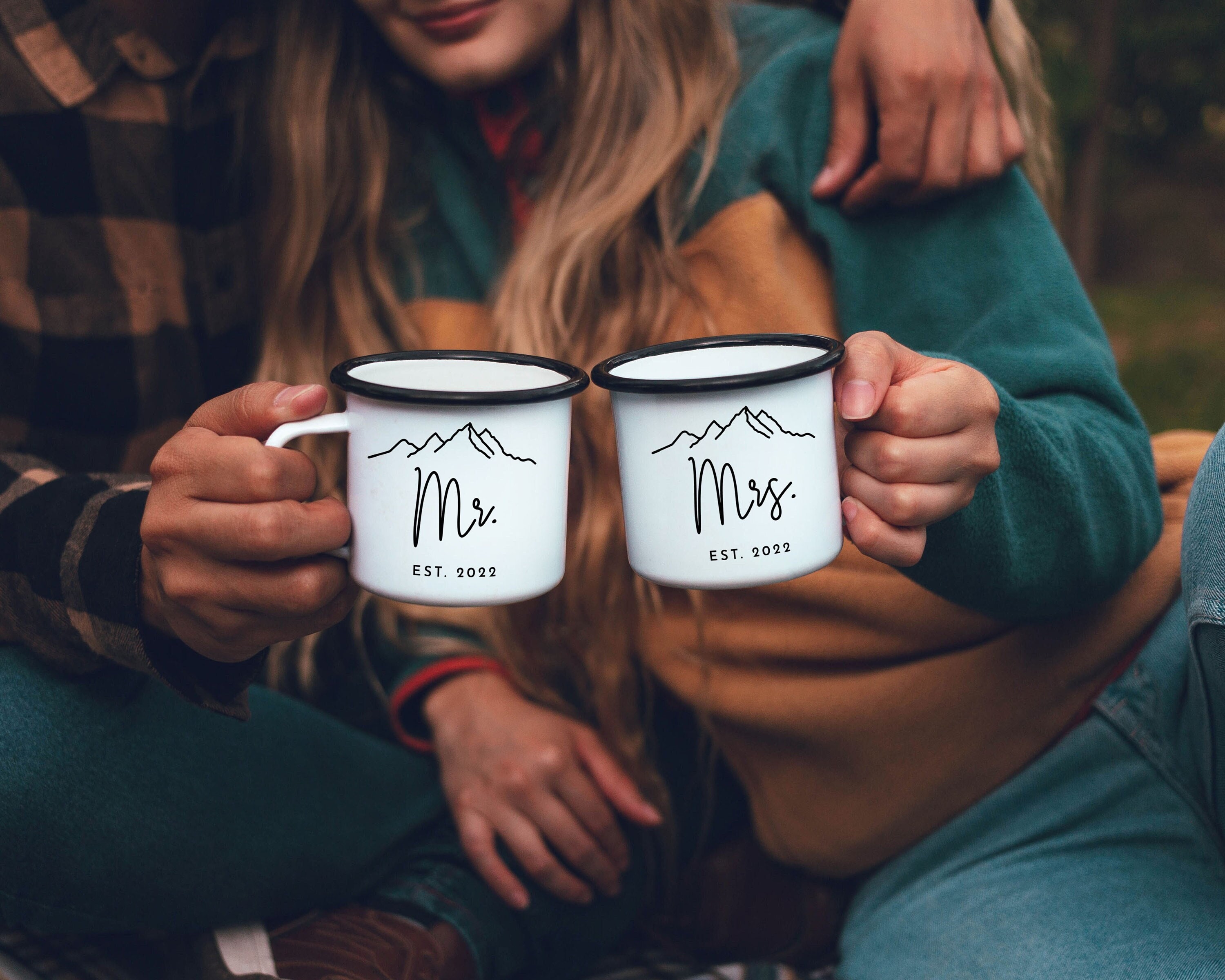Mr and Mrs Camp Mugs Set Personalized Wedding Gifts Mr Mrs Campfire Mugs Mountains Elopement Gift