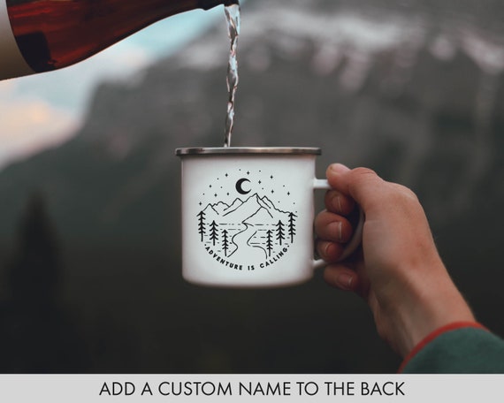 Camping Mug Adventure Is Calling Custom Camp Mug Personalized Enamel Mug Hiking Gift