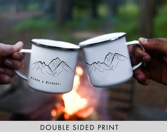 Customizable Camping Mug, Mountain Enamel Mug, Camper Mug with Personalized Name