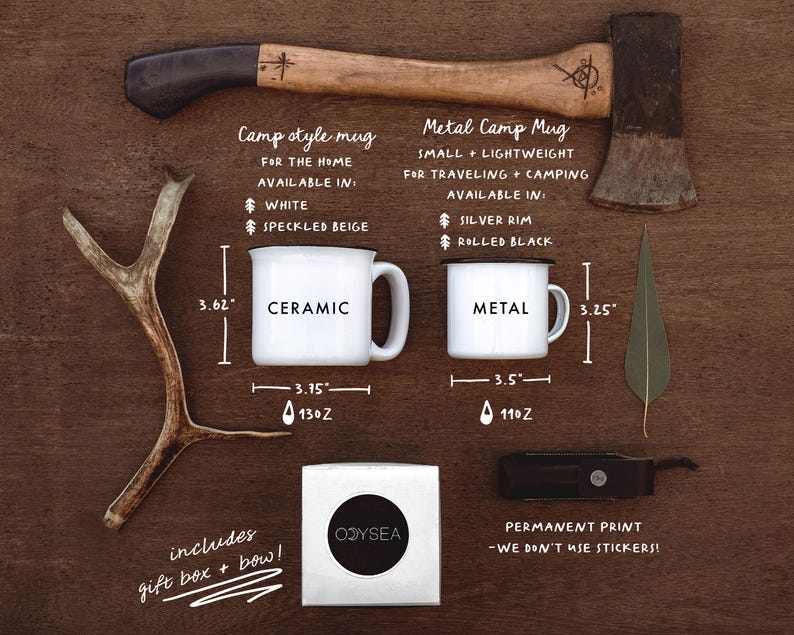 May include: Two camping mugs, one ceramic and one metal, with measurements and capacity listed. The ceramic mug is white with black text that says "CERAMIC". The metal mug is white with black text that says "METAL". Both mugs are on a wooden background with a small axe and antlers.