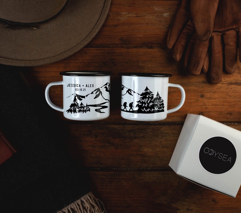 Personalized Gift Boyfriend Elopement Gift Camping Gift Campfire Mug Hiking Gift Custom Mug Hikers With Dog // ONE Double Sided Mug image 1