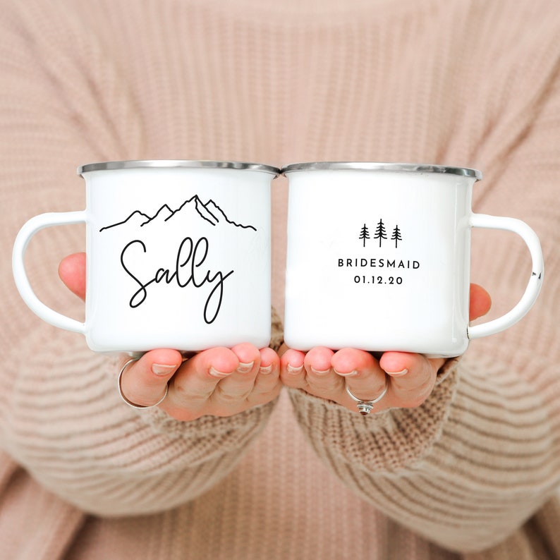 Bridesmaid Mugs Personalized Bridesmaid Gift Mountain Wedding Maid Of Honor Mugs Camp Bachelorette // ONE Mug Silver rim camp mug