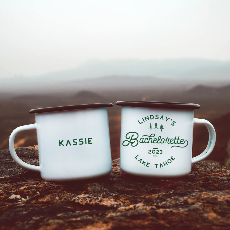 Mountain Camp Bachelorette Party Mugs Campfire Mug Camping Bachelorette Gifts Bridesmaid Gift Camp Mugs // Double Sided image 1