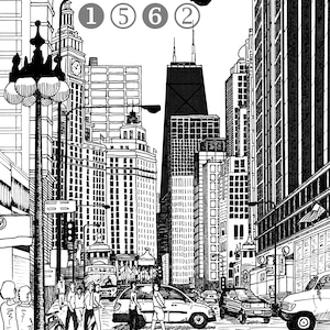 Michigan Avenue, Tribune Tower, Wrigley Building, John Hancock Tower, Chicago (line drawing)