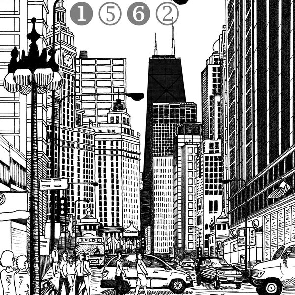 Michigan Avenue, Tribune Tower, Wrigley Building, John Hancock Tower, Chicago (line drawing)