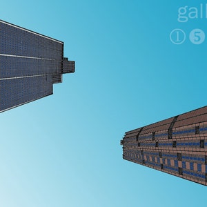 May include: An artistic illustration of two skyscrapers against a bright blue sky. One building is primarily dark blue, while the other is brown with blue accents. The word "gallery" and numbers are in the upper right corner.