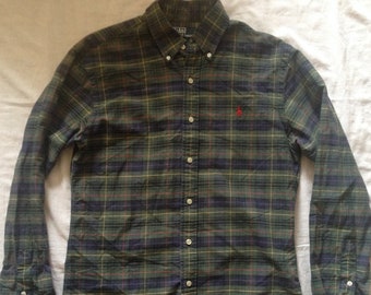 Polo Ralph Lauren Vintage Plaid Grren Light Flannel Long Sleeve Shirt Size Medium Slim Fit