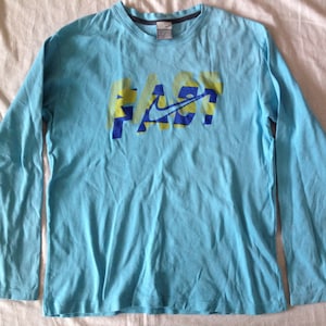 Nike Vintage Men&#39;s Unisex T-shirt Long Sleeve Blue Medium Size W/ Fast Printed Logo