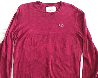 Hollister Men's Pullover Crew Neck Sweater Cotton Wool Combo Burgundy Medium Size Slim Fit