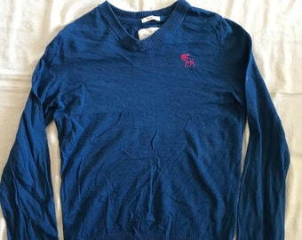 Abercrombie And Fitch Men's V-Neck Pullover Sweater Cotton Wool Blend Medium Size Muscle Blue