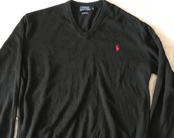 Ralph Lauren Polo Light Weight Pure Cotton Men's Pullover Sweater V-Neck Black XL XLarge Slim Fit Size