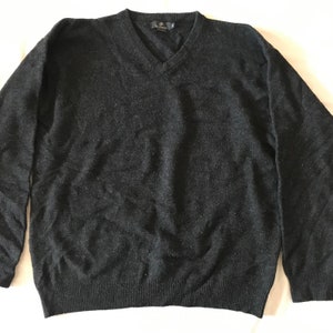 May include: A black v-neck sweater with a ribbed hem.