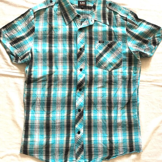 Chemise Lee Homme à Manches Courtes - Bleu Et Blanc - Taille M - Occasion Très Bon État