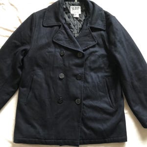 Buster US W.R.C. Pea Coat Navy Deck Jacket Men&#39;s  XL 56/58 EU - 46/48  w/ Anchor Button  Wool Black Double Breasted Overcoat Naval Army