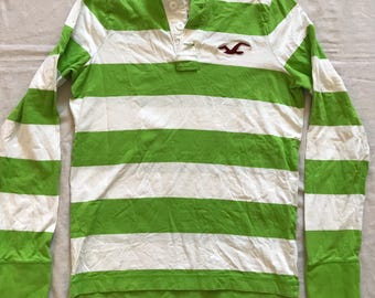 Hollister Abercrombie Fitch Striped White Henley Green Classic Long Sleeve T-Shirt XL Slim Fit Damen / klein Herren