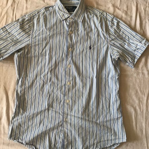 Raph Lauren Polo Men's Short Sleeve Shirt Medium Size Custom Fit -  Blue White Striped