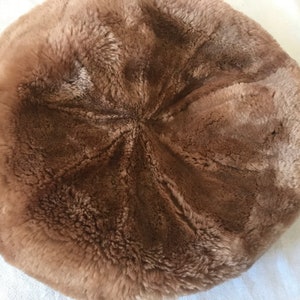 Puede incluir: Un cojín redondo de piel sintética marrón con una textura suave y mullida.