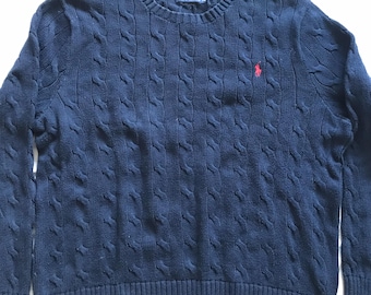 Polo Ralph Lauren Men&#39;s Cable Knit Pullover Sweater Navy Blue Cotton Made Size XXL 2XL