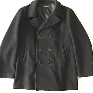 United Colors of Benetton Black Wool Pea Coat Jacket Button Front Medium 50 EU - 40 US