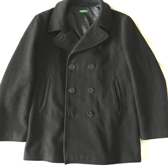 United Colors of Benetton Black Wool Pea Coat Jacket Button Front