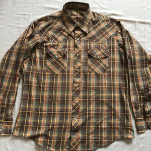 Classic Vintage  Men&#39;s Cowboy Western Shirt Plaid Brown Snap Buttoned Large US Size
