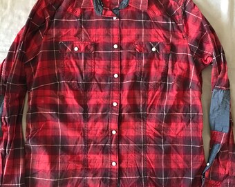 Pioneer Men's Western Red Plaid Shirt Long Sleeve Large US - Medium US Size