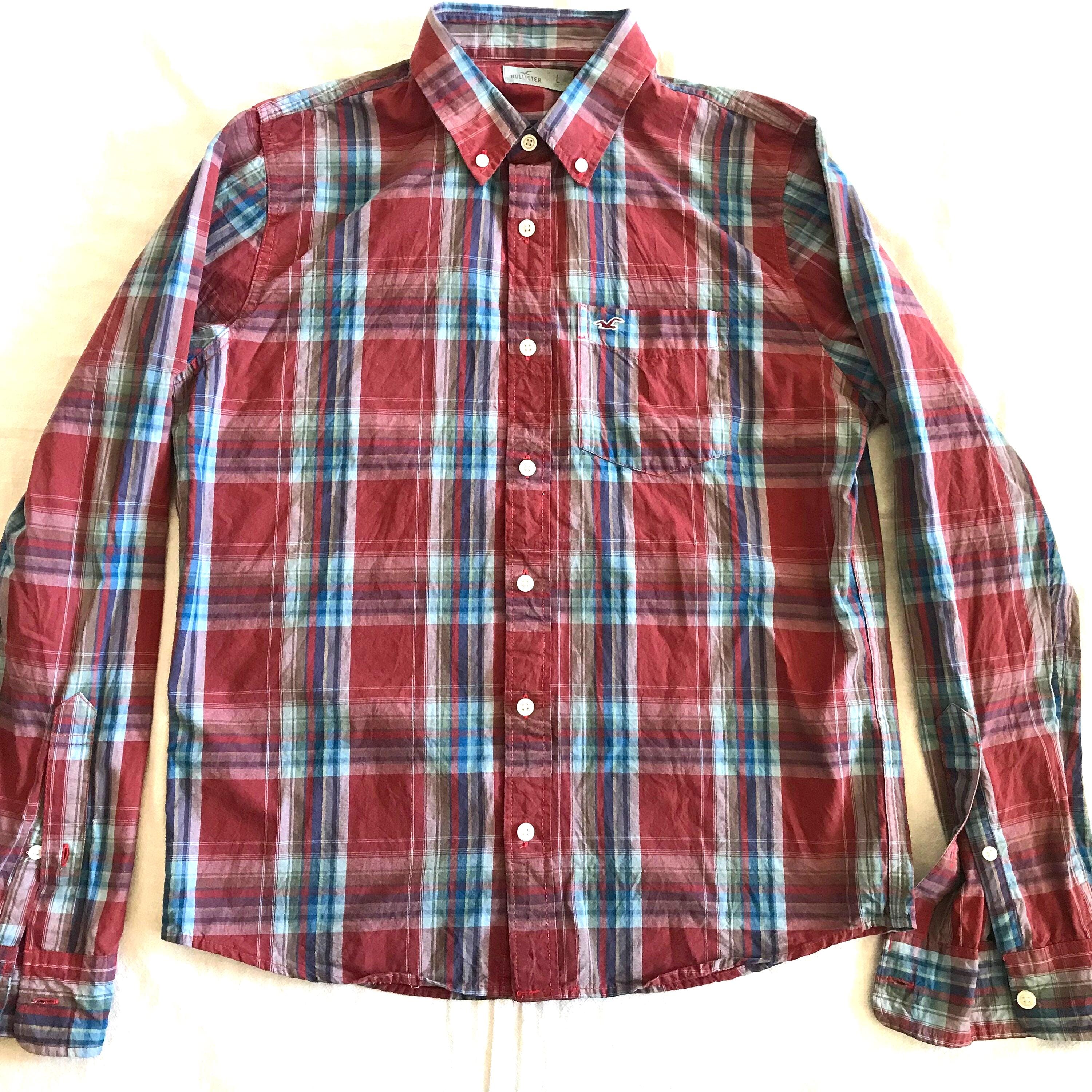 hollister dress shirt Hollister Mens Button Up Dress Shirt Aqua Blue Checked Plaid Size Large